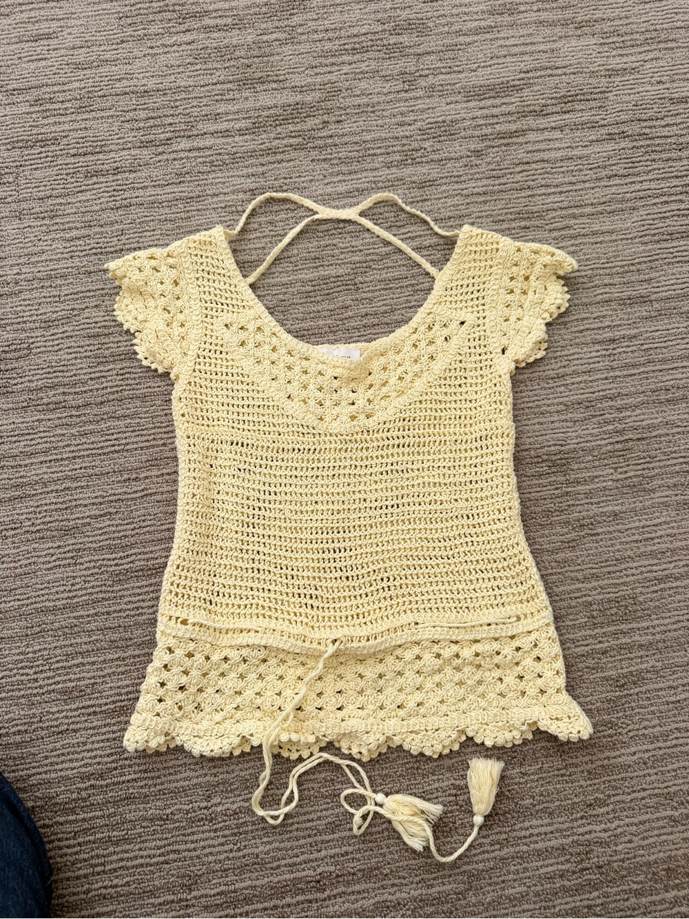 bohme Pale Yellow Crochet Swim Coverup Top with Tassel Tie